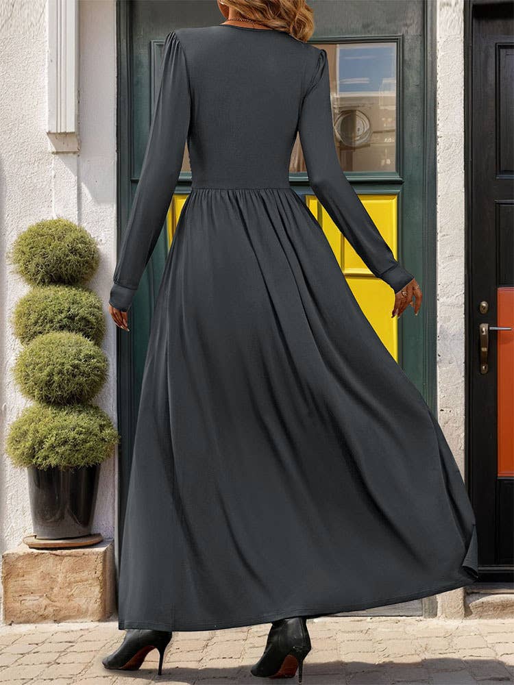 DEEP V-NECK SOLID SLIT LONG SLEEVE WAIST DRESS
