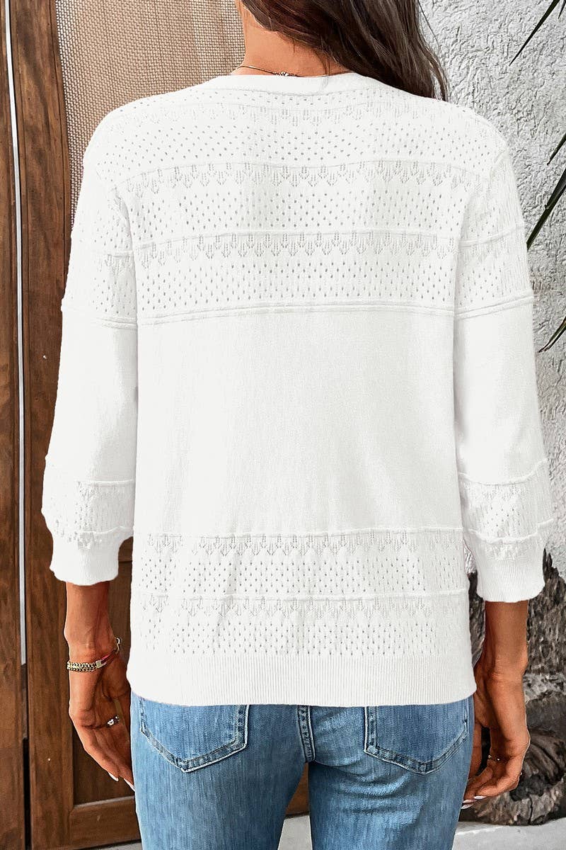 CWOCAL2303_THREE-QUARTER SLEEVE HOLLOW KNIT V-NECK CARDIGAN