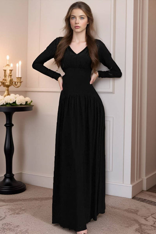 CWDMD01205_V NECK RUCHED WAIST SOLID MAXI DRESS