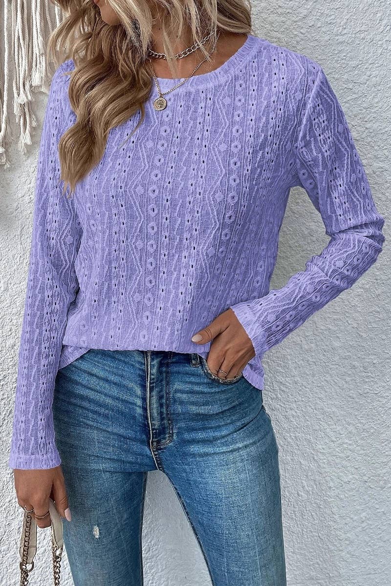 CWTBLL2478_CREW-NECK LONG SLEEVE JACQUARD LACE TOP