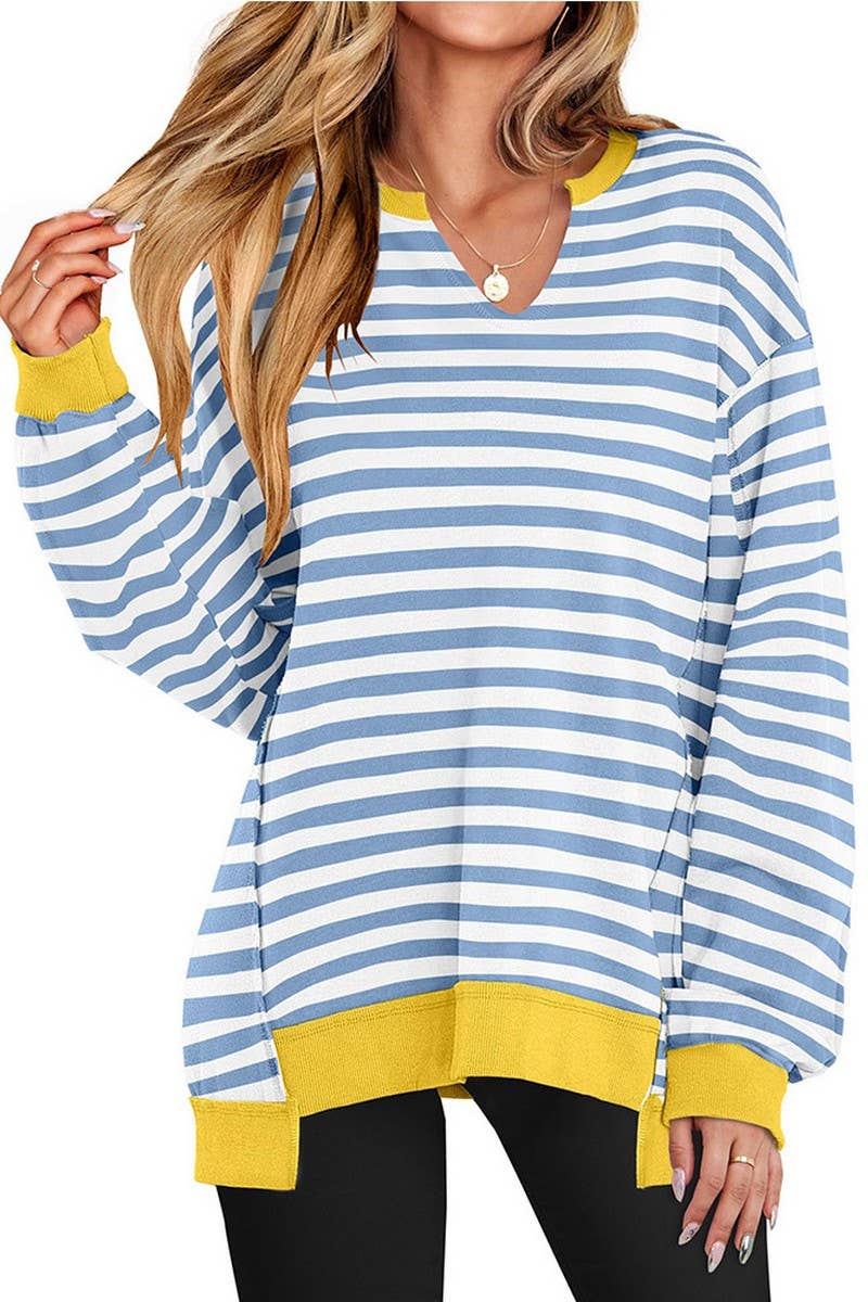 CWTBLL00830_COLORFUL STRIPE V NECK LOOSE SWEATSHIRT
