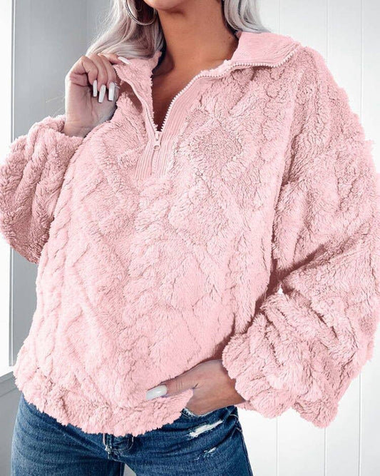 CASUAL LOOSE SOLID COLOR LAPEL FLEECE SWEATER