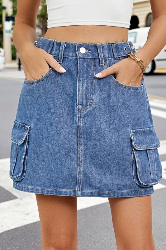 CWJSK00232_WASHED ADJUSTABLE WAIST DENIM MINISKIRT