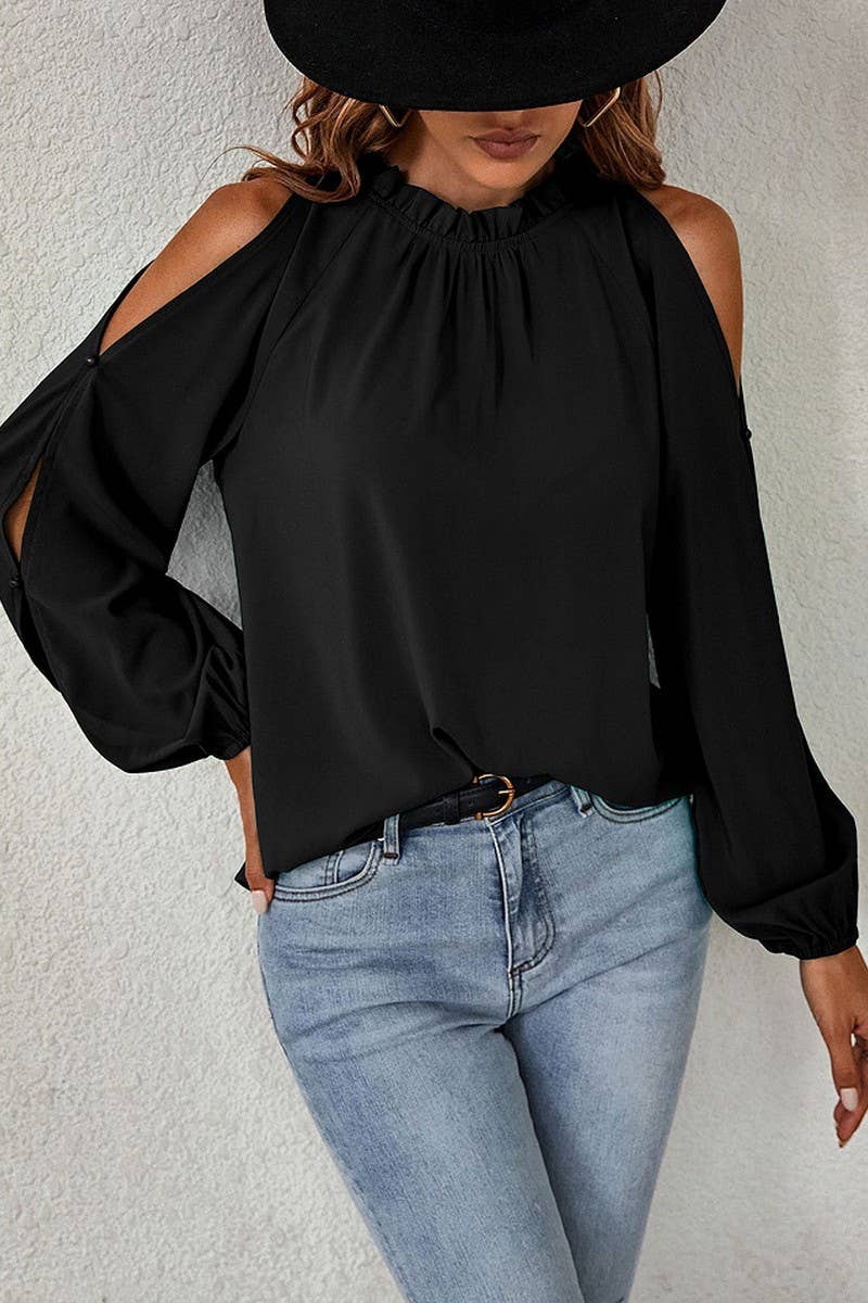 CWTBLL4083_SOLID RUFFLE MOCK NECK RUCHED COLD SHOULDER TOP