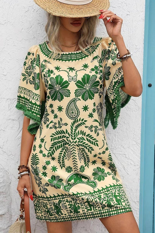 CWDSD8847_BOHO PLACEMENT PRINT TASSEL SLEEVE DRESS