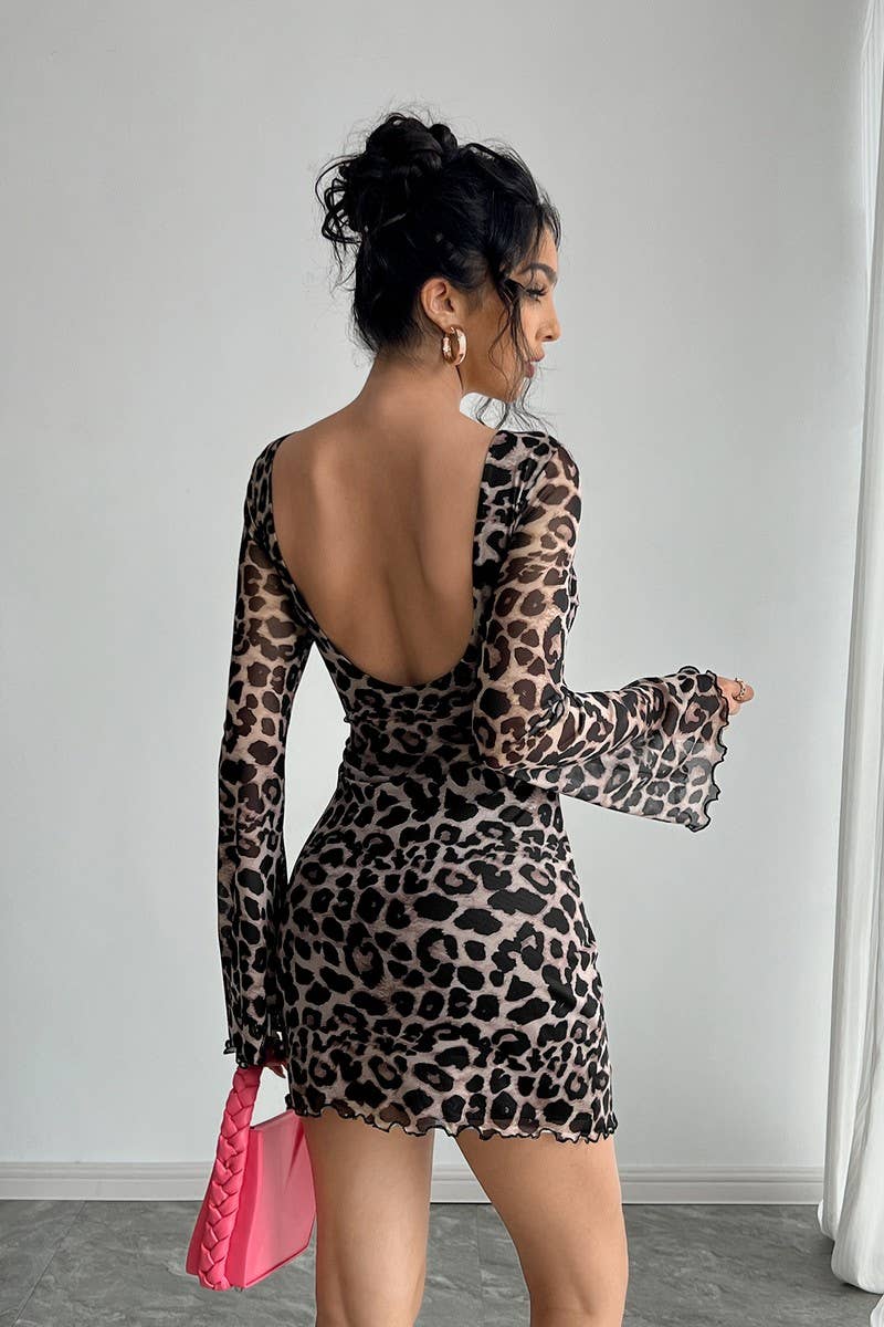 CWDSD8264_LEOPARD PRINT OPEN BACK MESH BELL SLEEVE DRESS