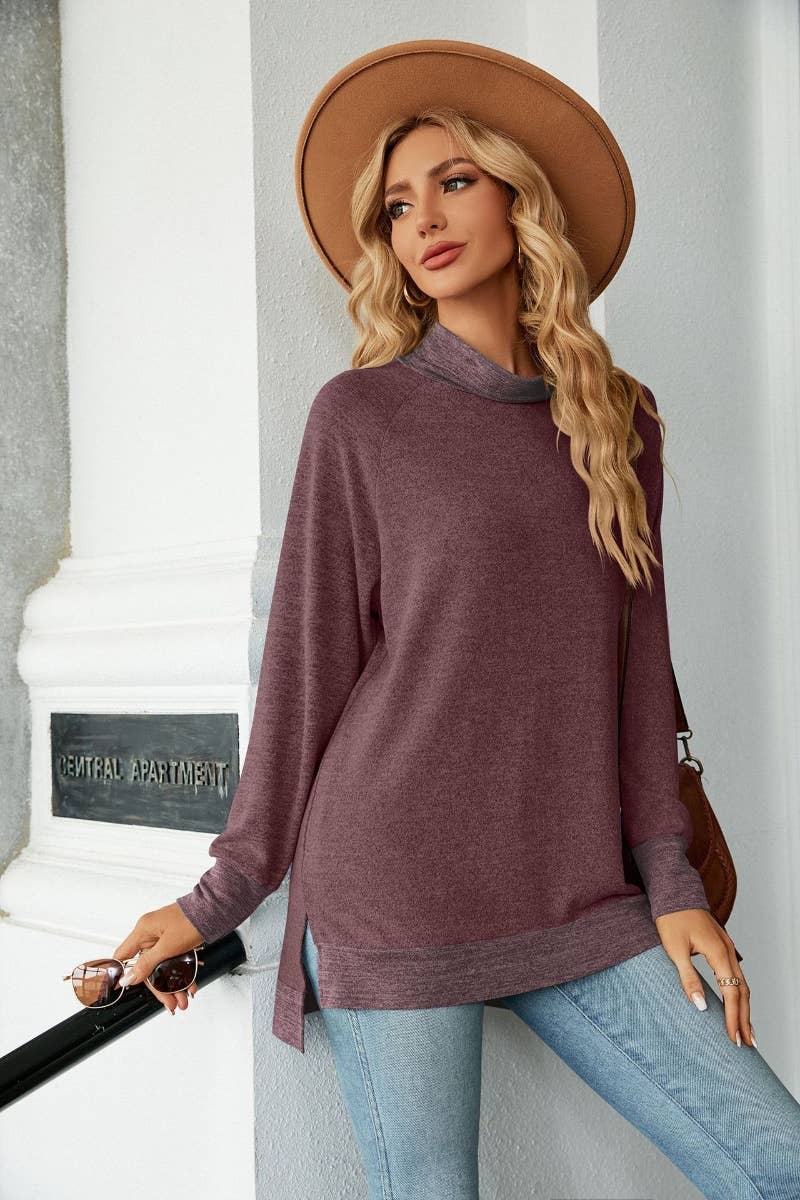 CWOSWL6537_HIGH-NECK CONTRASTING COLOR LONGSLEEVED SPLIT TOP