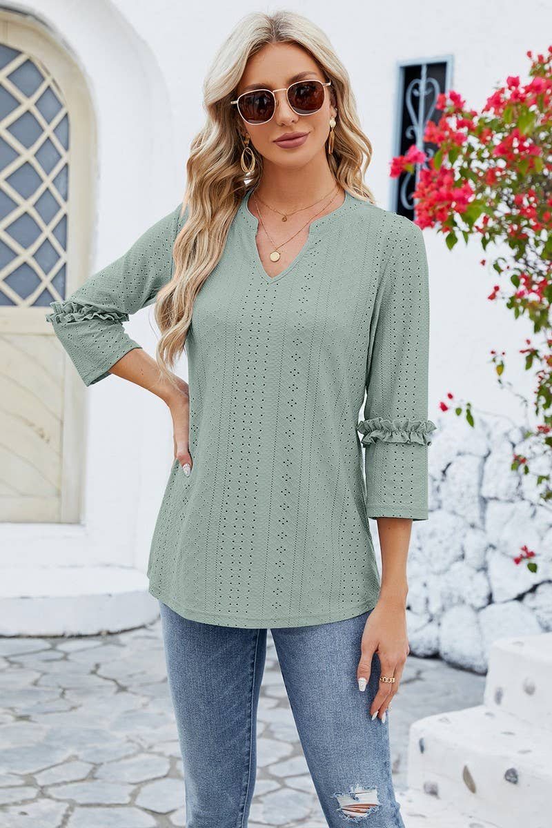 CWTTS0763_3/4 Sleeve Ruffle Detailed V-Neck  Blouse