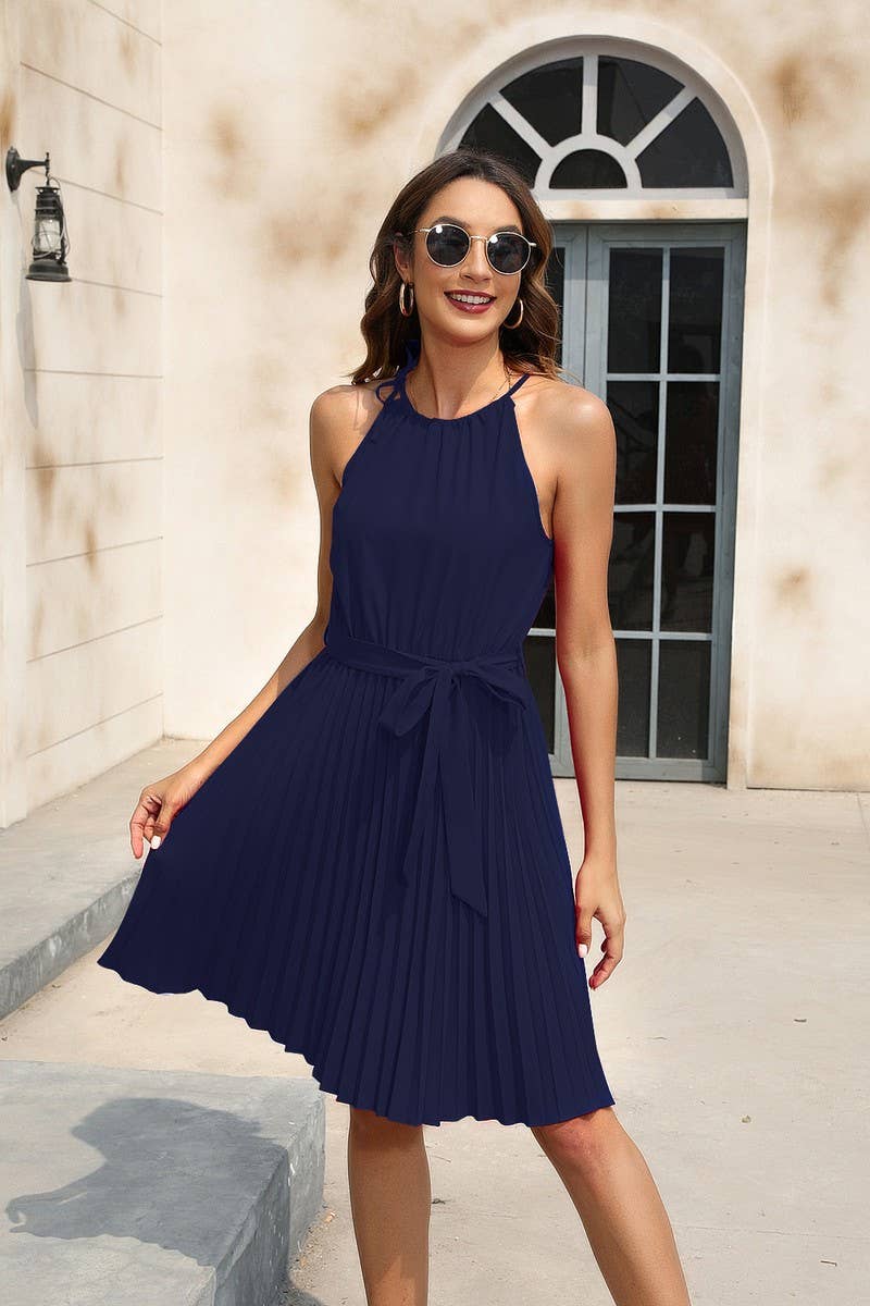 CWDSD4008_SOLID COLOR WAISTBAND SHORT DRESS