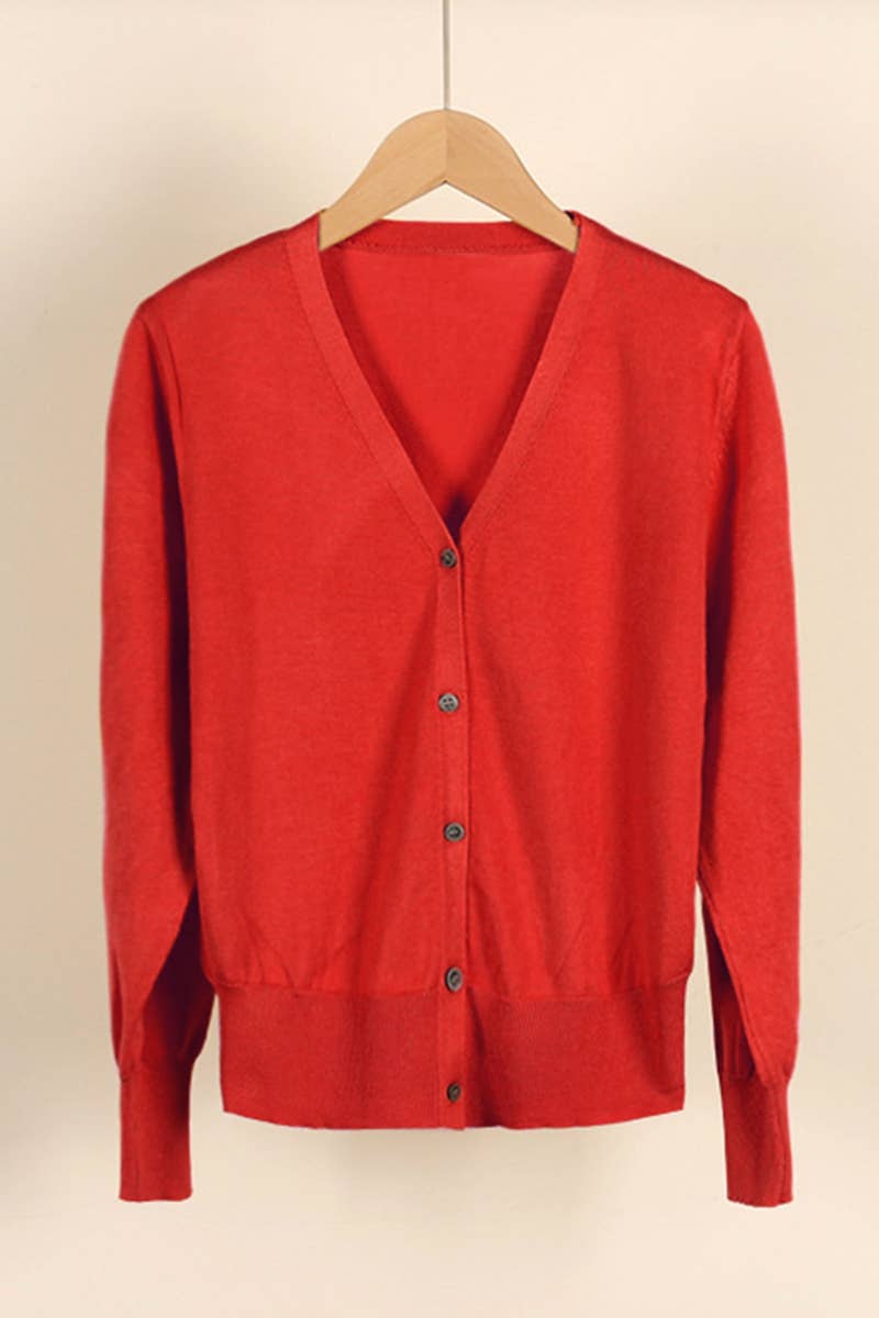 CWOCAL0333 Button Down Sleeve  V-Neck Cardigan Sweater