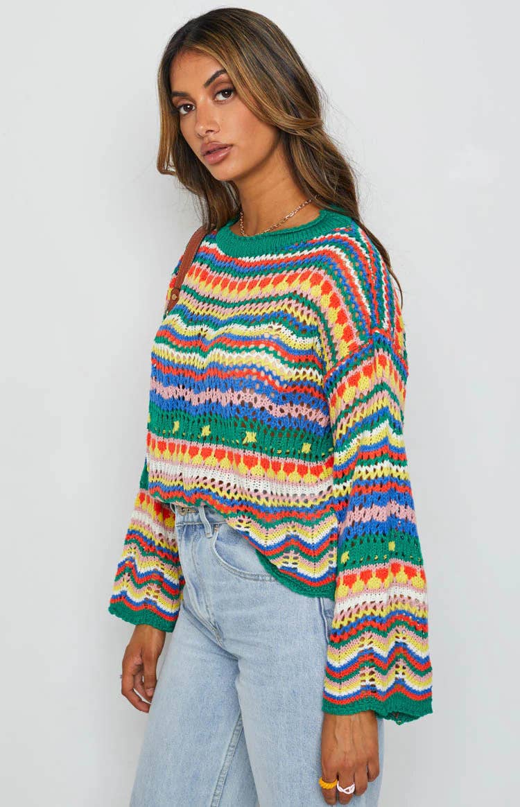 CREW NECK LONG SLEEVE PATCHWORK PULLOVER SWEATER