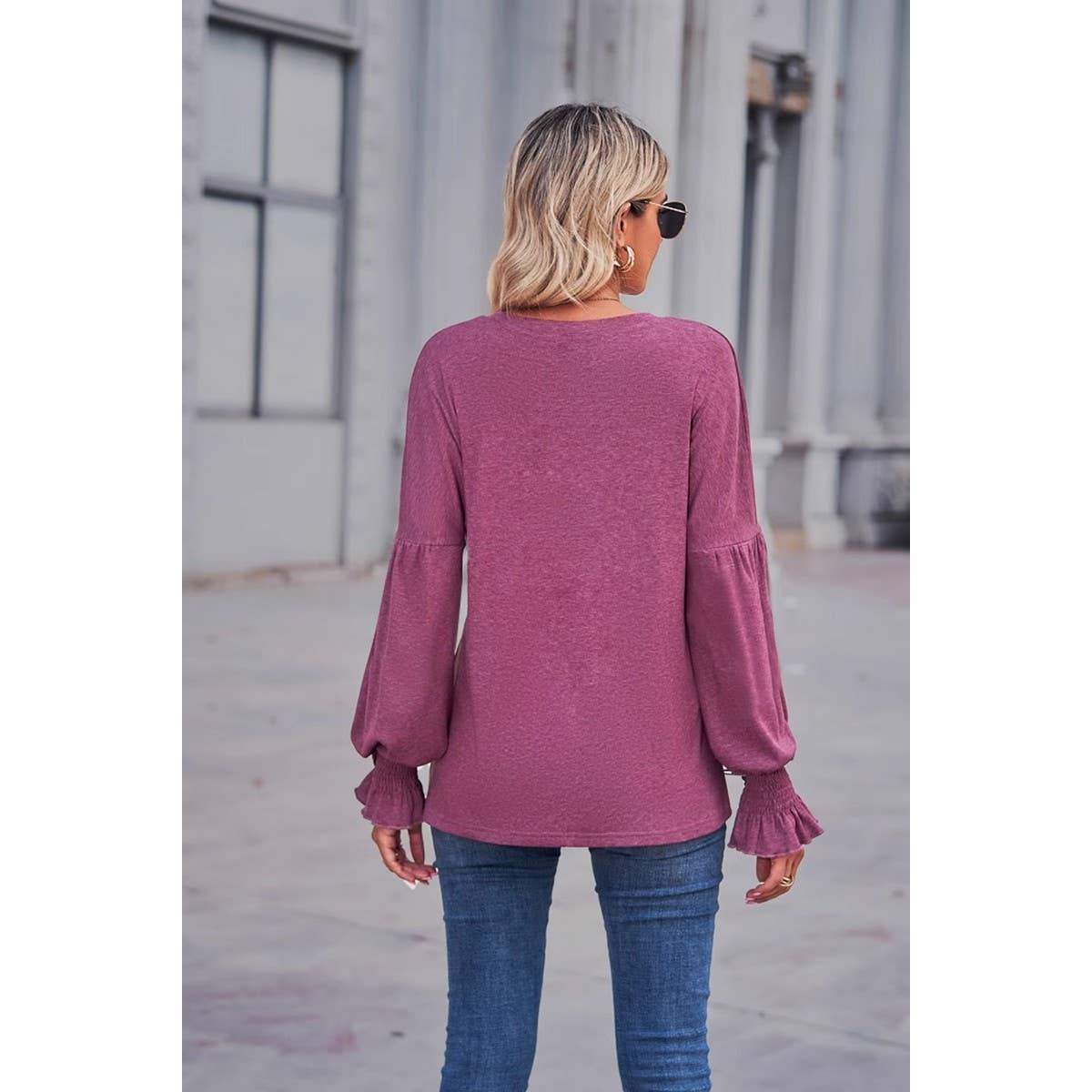 CWTBLL1880_ROUND NECK LOOSE CUFFS LANTERN SLEEVE TOP