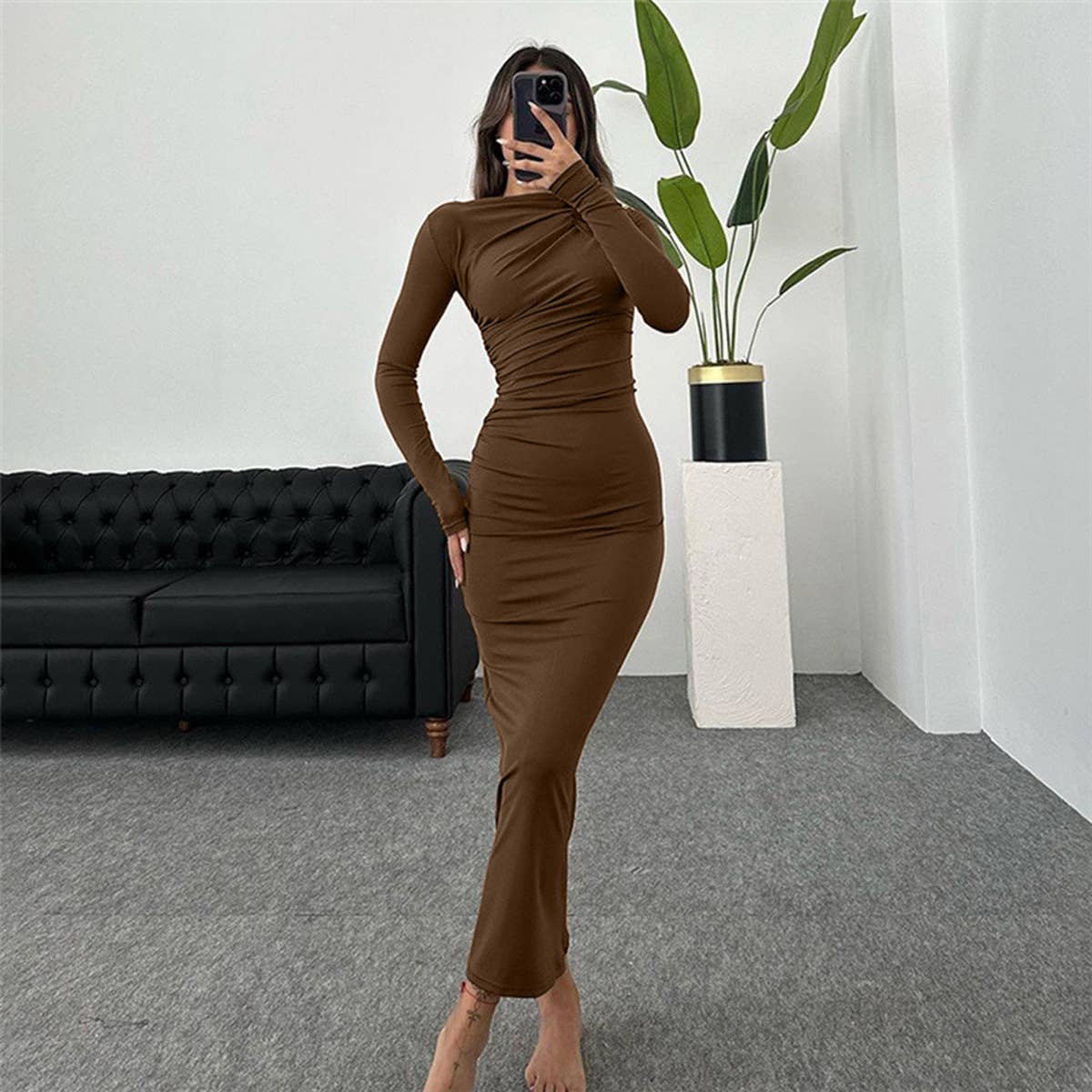 Form-fitting solid color body-hugging dress