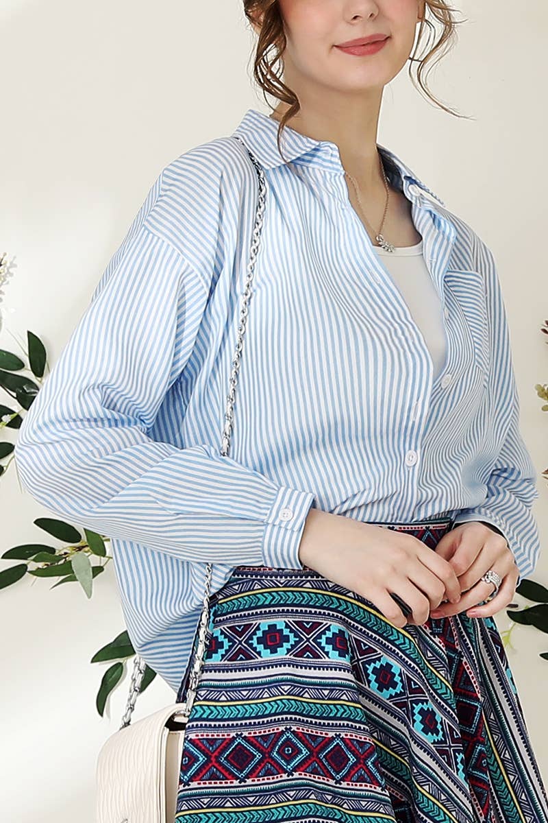 CWTSTL704_Striped Button Down Long Sleeve Collared Shirts