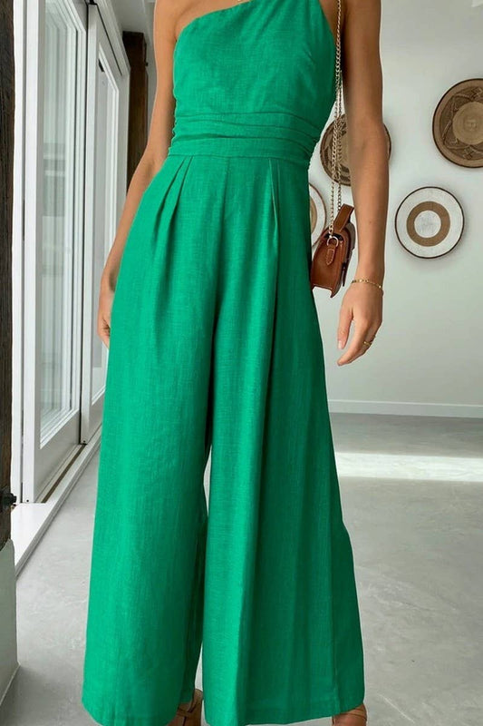 CWSJS1008_ONE-SHOULDER WIDE-LEG COTTON AND LINEN JUMPSUIT