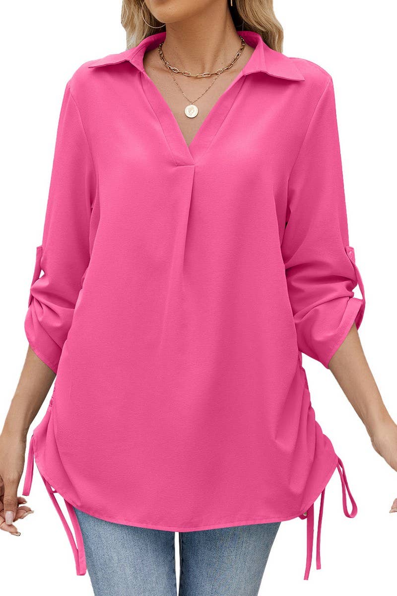 CWTBLL4020_SOLID COLLARED RUCHED 3/4 SLEEVE SHIRT DRESS TOP