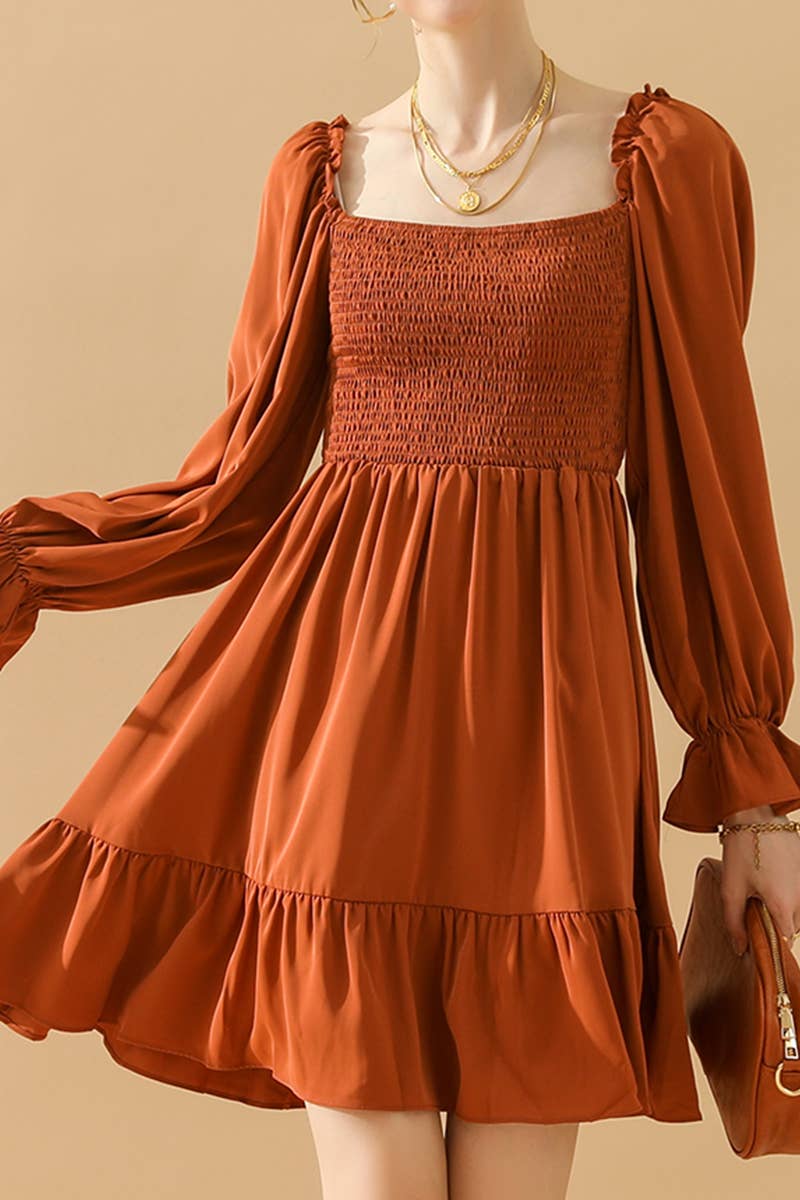 CWDSD10342_RUFFLE HIGH WAIST LONG SLEEVE CASUAL DRESS