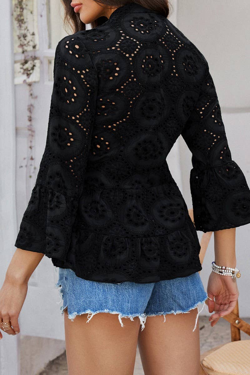 CWTBLL3593_CASUAL HOLLOW V-NECK THREE-QUARTER SLEEVE SHIRT