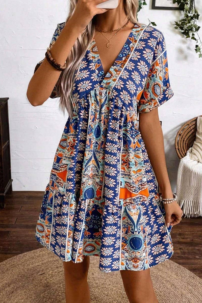 CWDSD6961_PRINTED V-NECK HIGH WAIST BAT SLEEVES DRESS