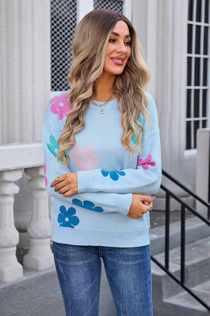 CWOSWL3074_FLORAL COLORBLOCK CASUAL CREWNECK SWEATER