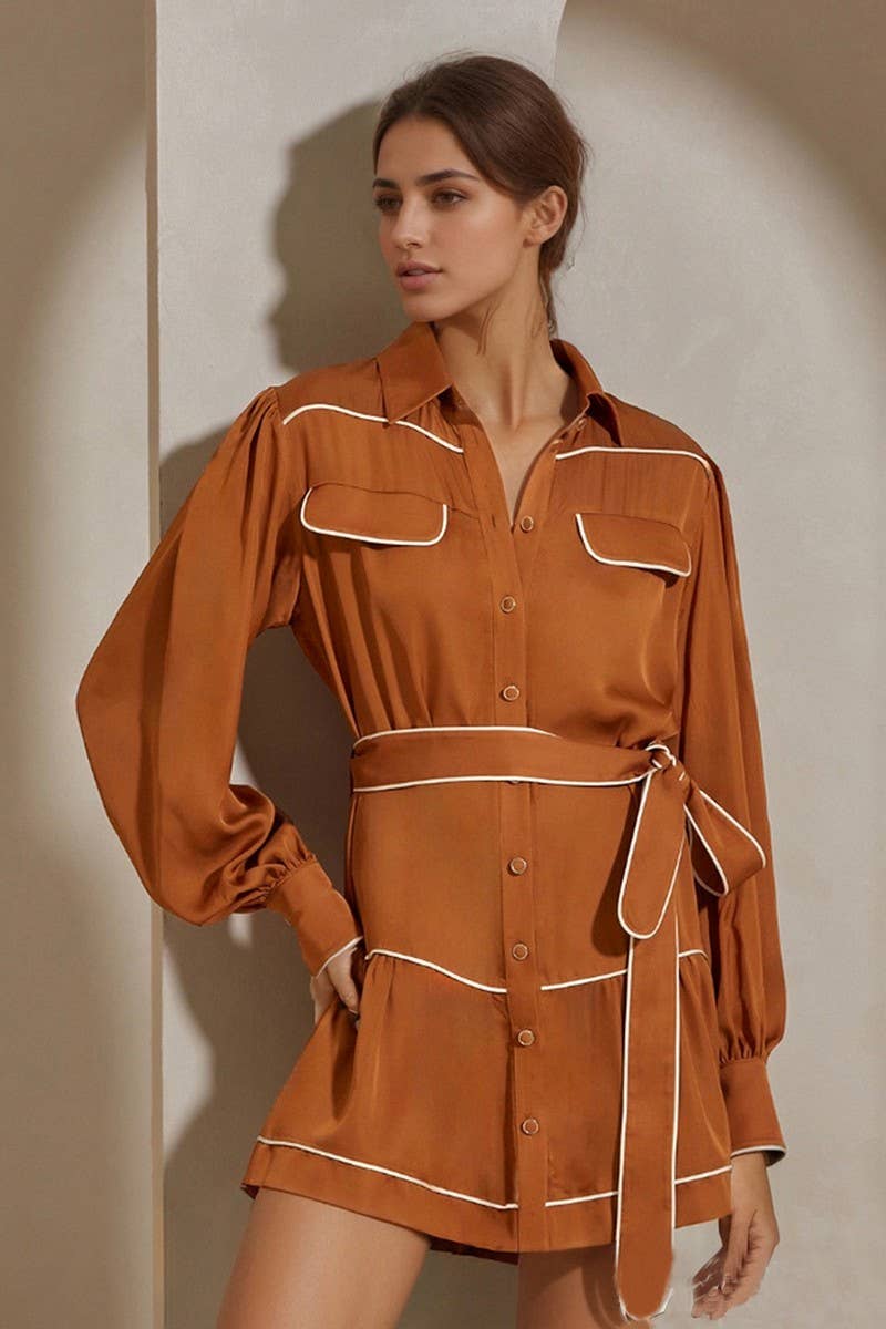 CWTDSL0126_TIE-TIE CARAMEL COLORBLOCK SATIN SHIRT DRESS