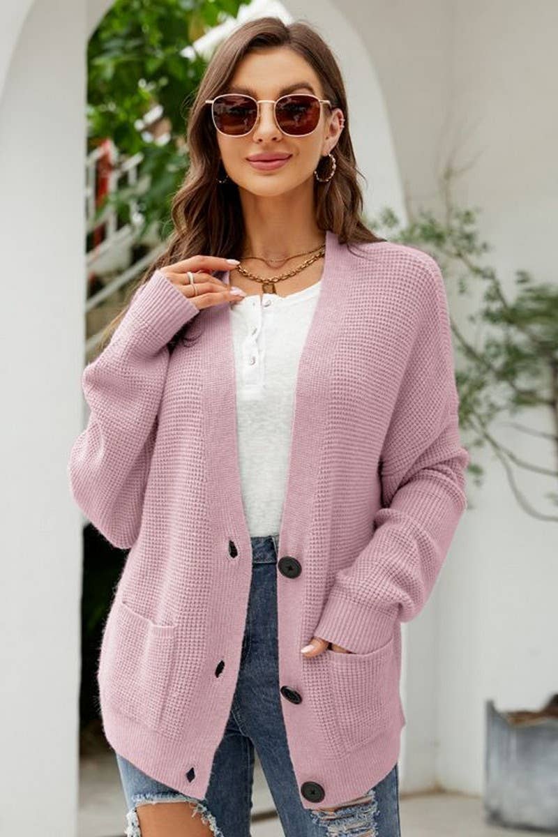 CWOCAL0782_CASUAL SOLID COLOR V-NECK KNITTED CARDIGAN
