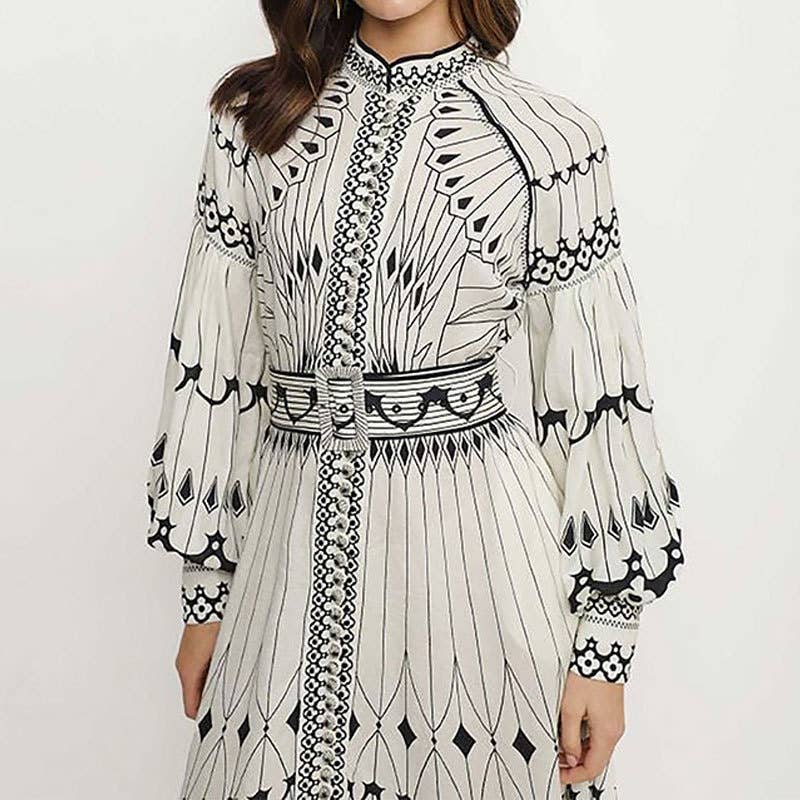 Courtly style elegant long-sleeved printed swing dress