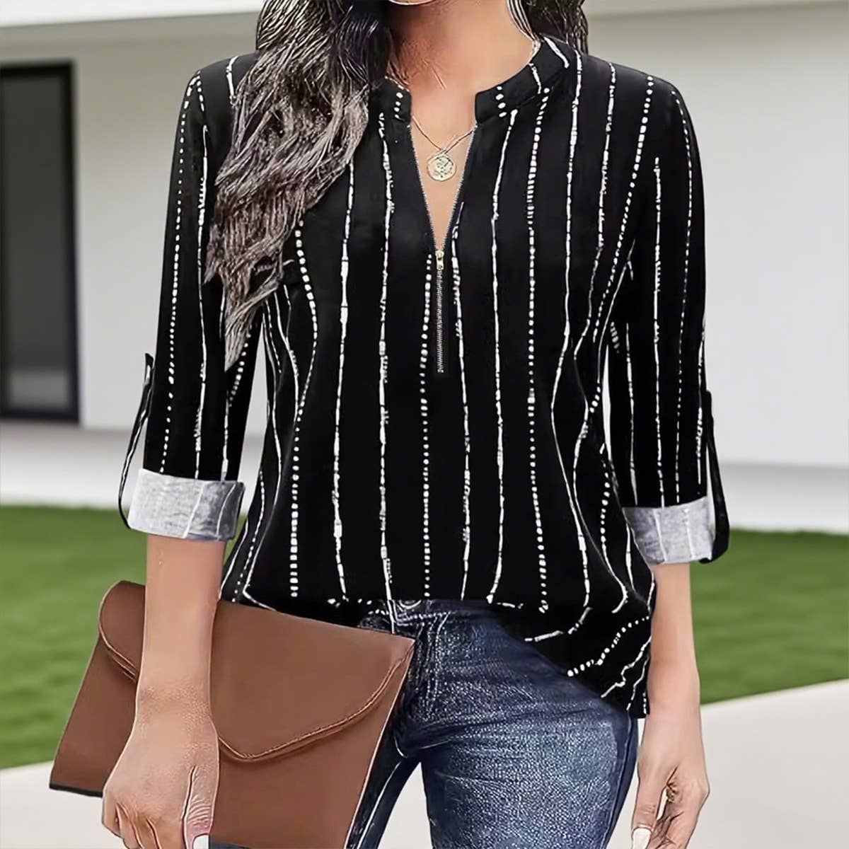 Casual elegant striped zipper long-sleeved shirt