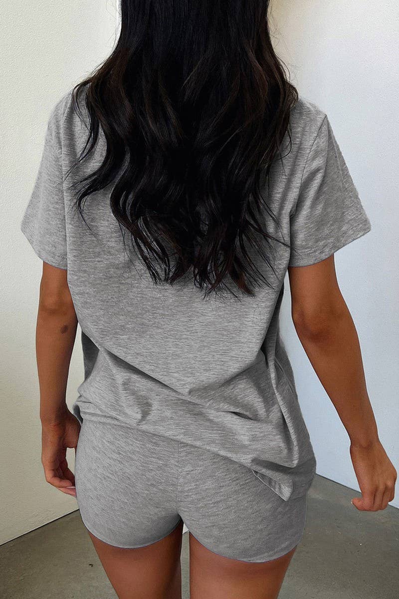 CWSTB2103_V NECK CASUAL ELEGANT SOLID TWO-PIECE SET