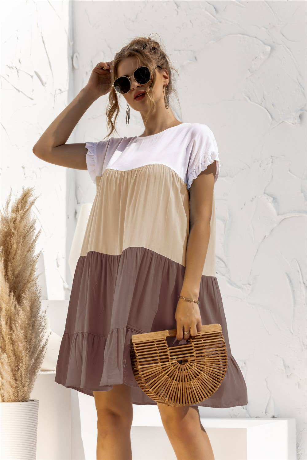 Color contrast baggy cake multi-layer hem dress