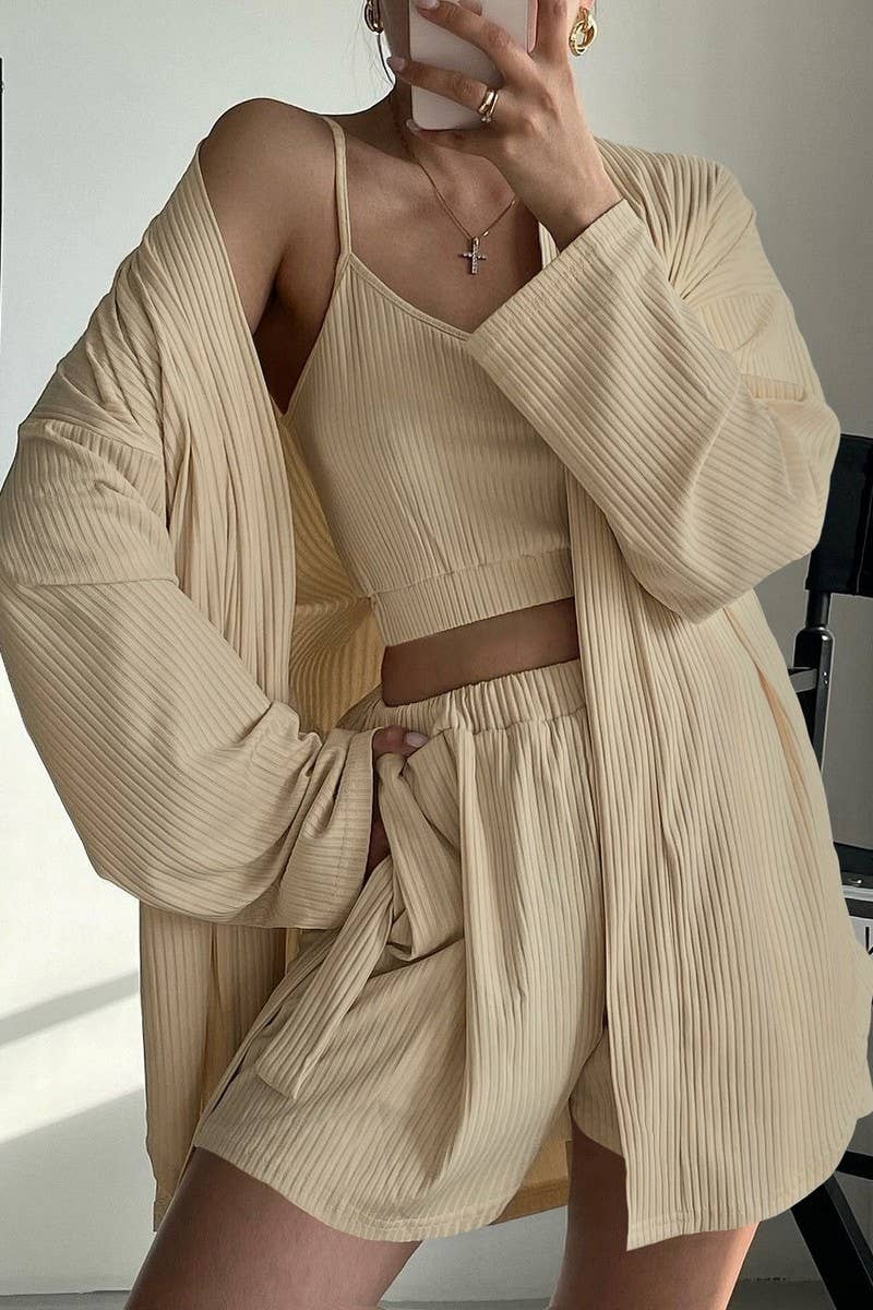 CWSPJ0402_KNITTED LONG SLEEVE SUSPENDER SHORTS PAJAMA SET