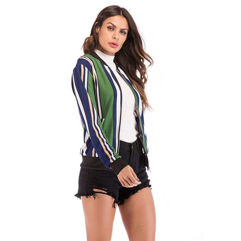 COLOR-MATCHING VERTICAL STRIPED BASEBALL JACKET