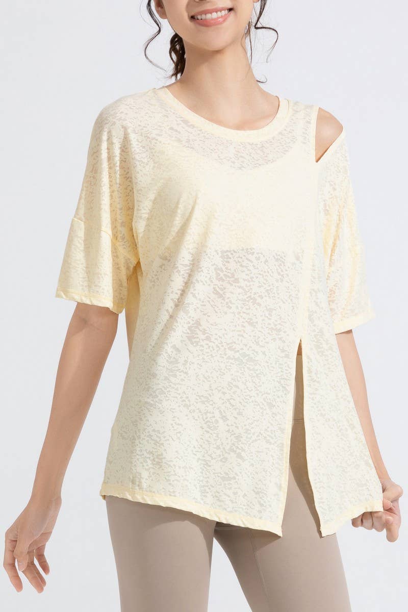 CWTBLS1470_JACQUARD CUTOUT SHORT SLEEVE RUNNING TOP