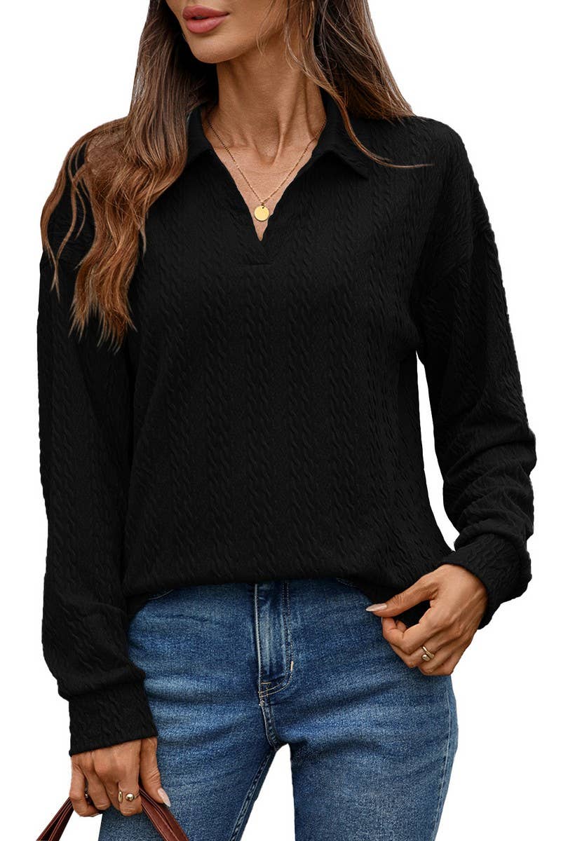 CWTBLL01307_V NECK CABLE KNIT SOLID LONG SLEEVE TEE
