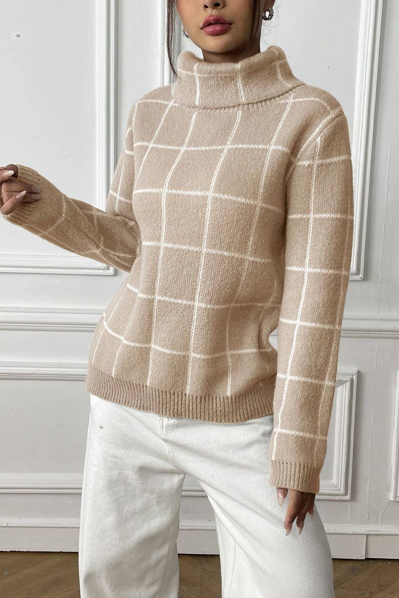 CWOSWL07336_WOMEN PLAID COLOR BLOCK TURTLENECK SWEATER