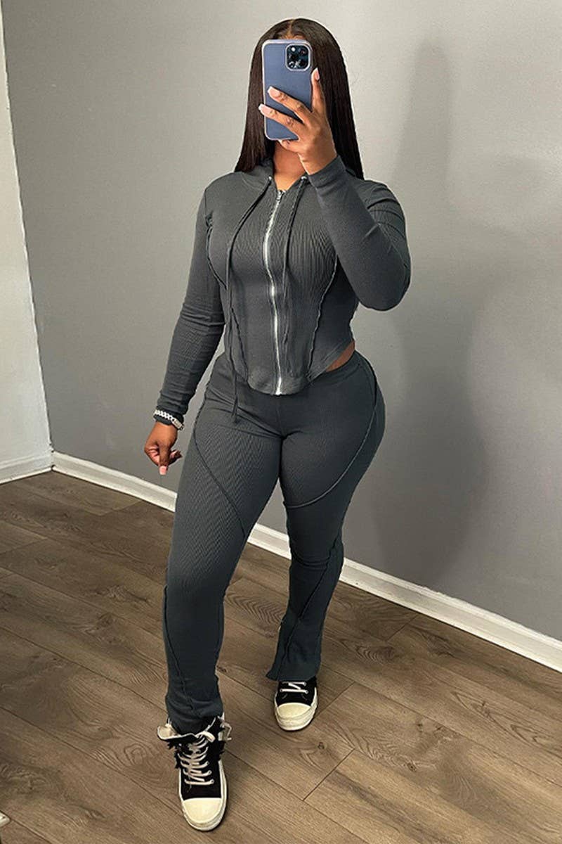 CWSTB1492_HOODED ZIPPER LONG SLEEVE PANTS TWO-PIECE SET