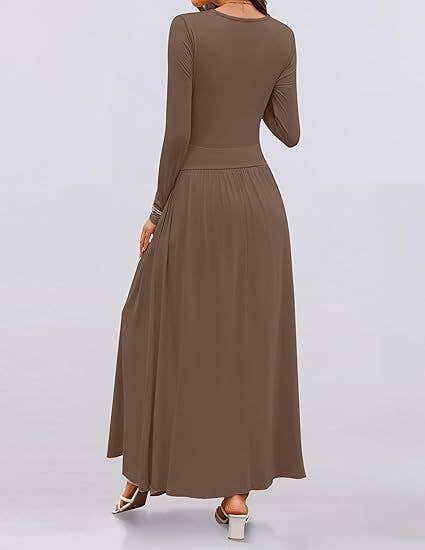 CREW NECK PLEATED POCKET SLIM LONG-SLEEVE DRESS