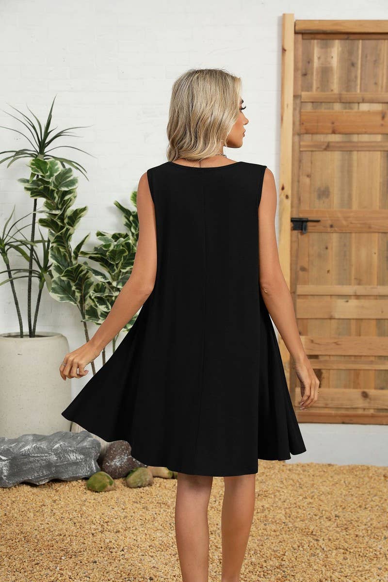 CWDSD8718_SOLID V-NECK RUCHED POCKET SLEEVELESS DRESS