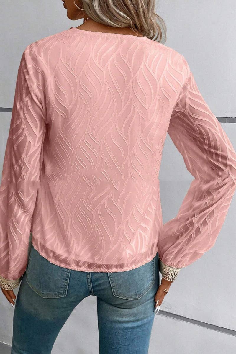 CWTBLL2488_FALL V-NECK LACE LONG-SLEEVED SHIRT TOP