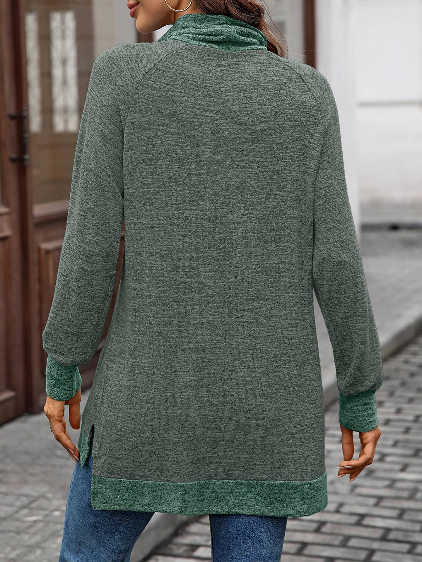 Color-blocking high-neck loose long-sleeved Top