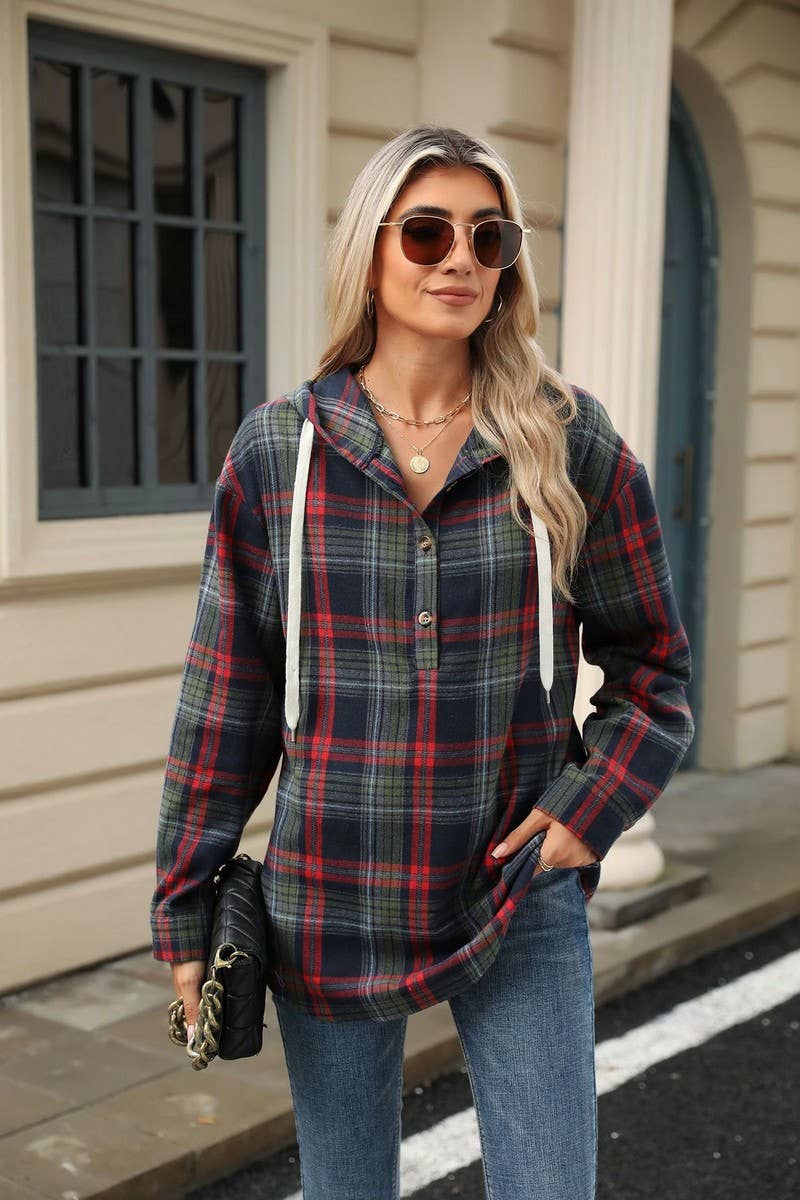 CWOHOL0721_CHECKED DRAWSTRING HOODED LONG-SLEEVED SWEATSHIRT