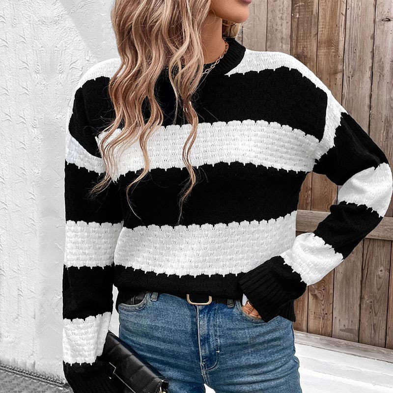 Black and white striped knitted pullover sweater