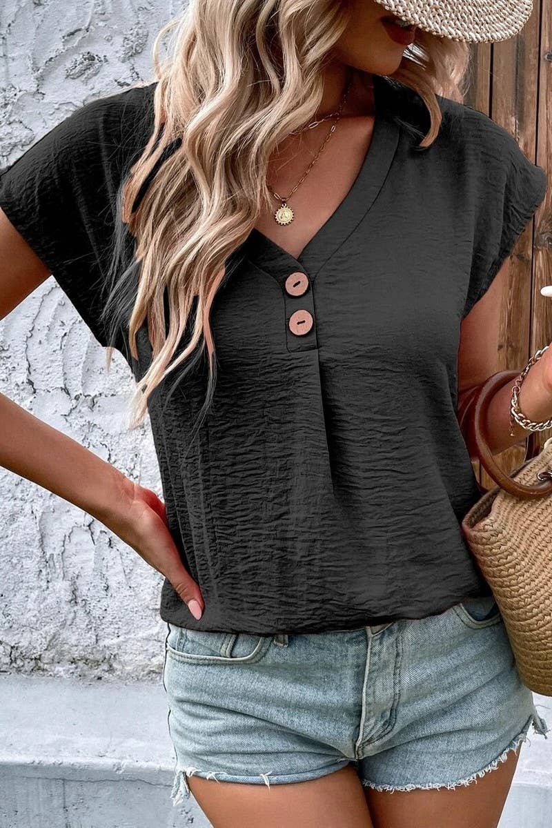 CWTBLS1822_SUMMER V-NECK BUTTON-DOWN LOOSE CASUAL SHIRT