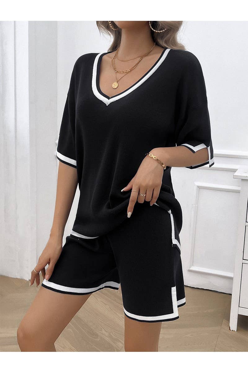 CWSTB0665_CASUAL LOOSE V-NECK SHORT SLEEVED SHORTS KNIT SET