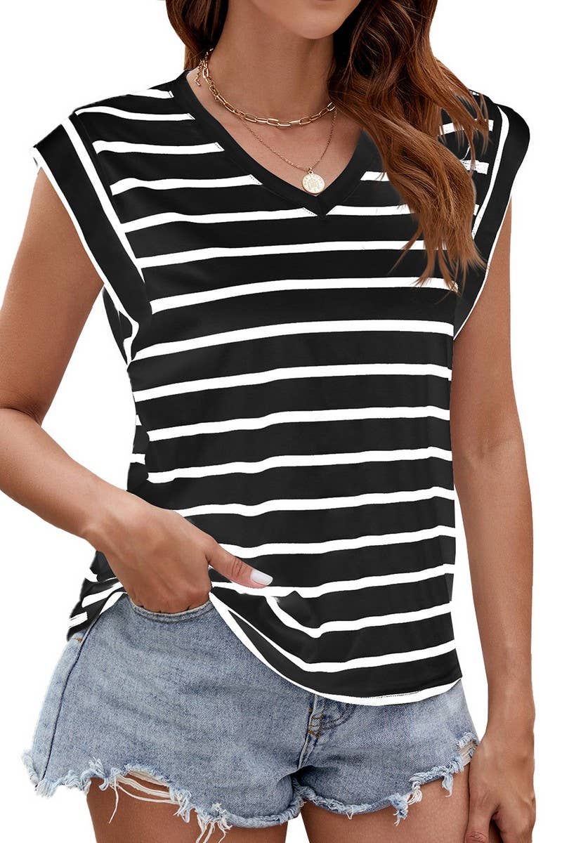 CWTBLS0863_V-NECK FLYING SLEEVE STRIPED CASUAL T-SHIRT VEST