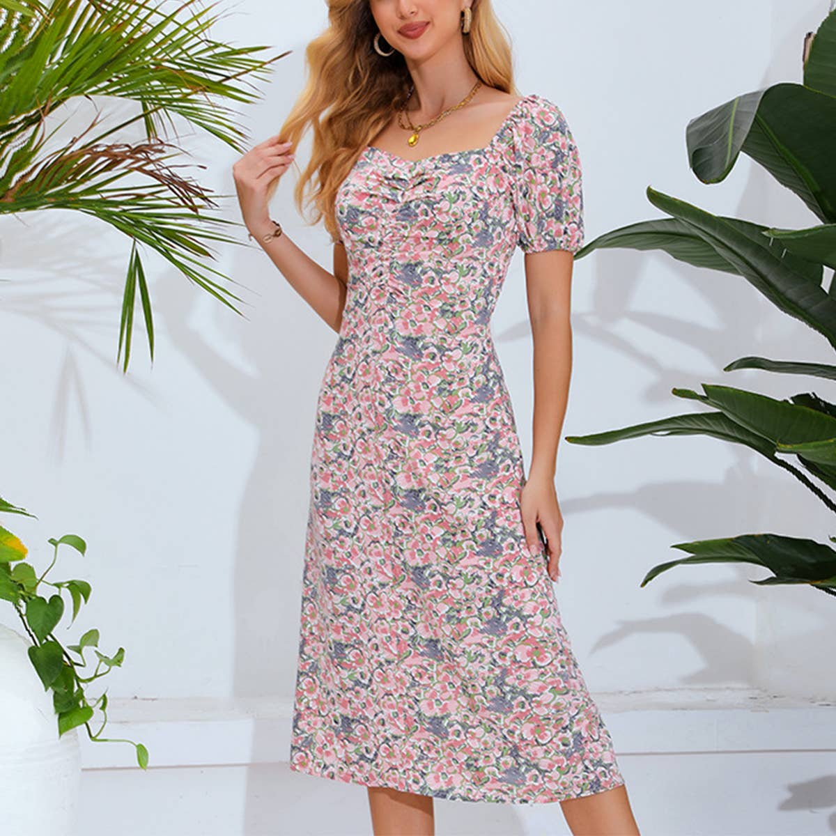 BOHO SHORT-SLEEVED DRESS WITH SQUARE COLLAR PRINT