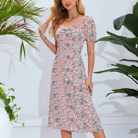 BOHO SHORT-SLEEVED DRESS WITH SQUARE COLLAR PRINT