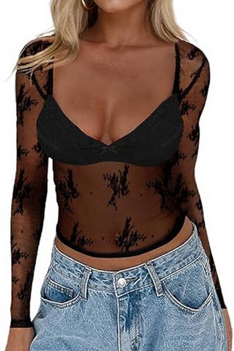 CWTBLL3950_SHEER LACE LONG SLEEVE SLIM FIT MESH TOP