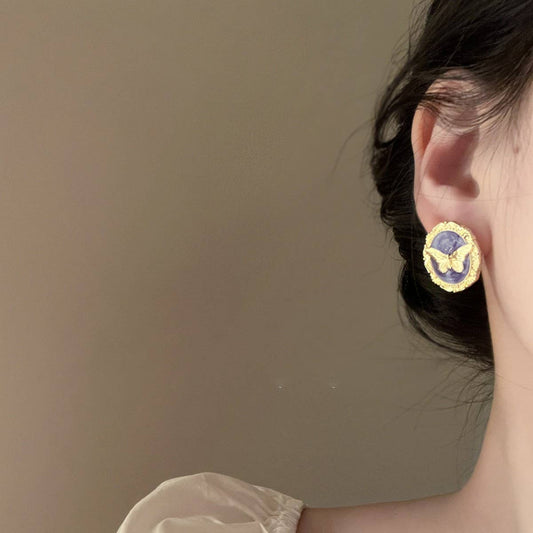 ROUND BUTTERFLY DRIP OIL FRENCH EARRINGS