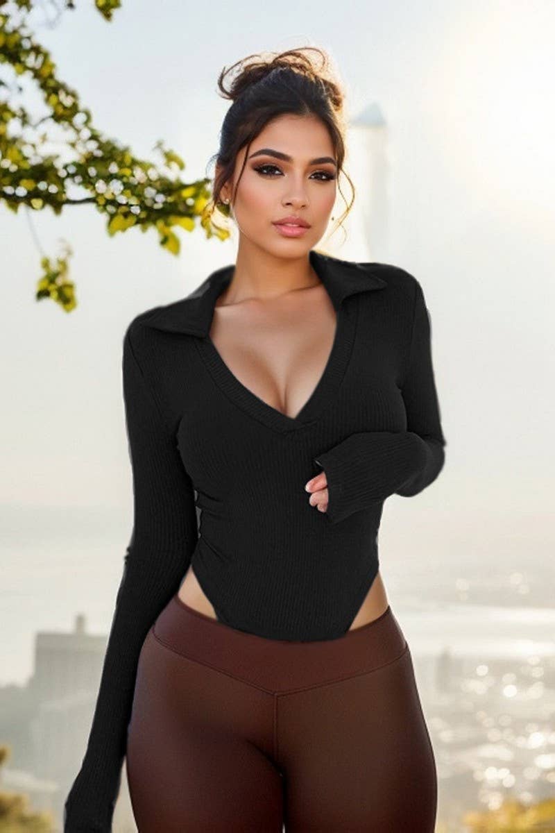 CWSBSL0149_SLIM FIT POLO NECK RIBBED LONG SLEEVE BODYSUIT